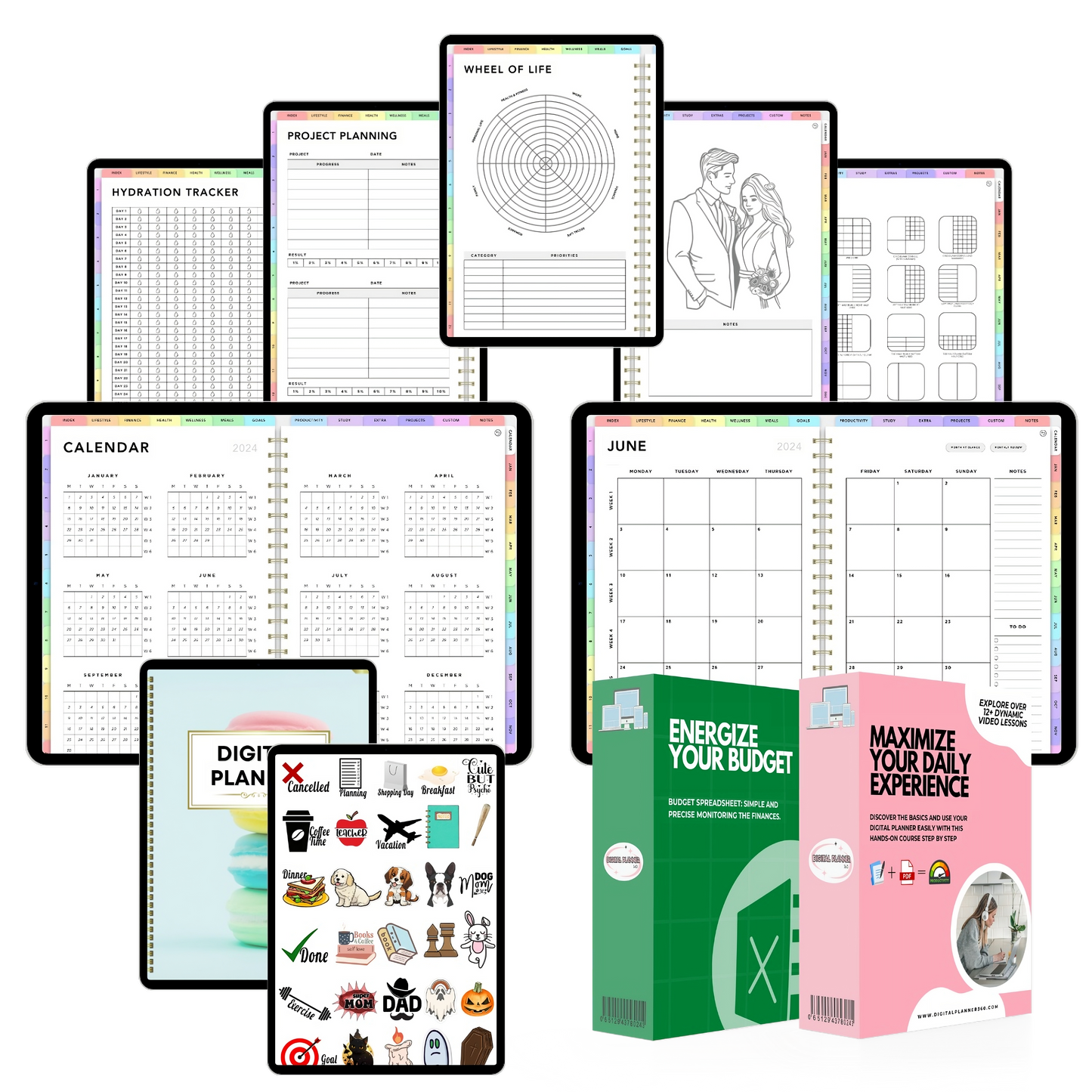 Digital planner bundle for iPad with stickers, cover, GoodNotes course, and budget spreadsheet. The best digital planner for 2024