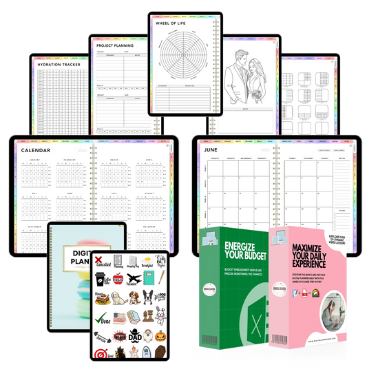 Digital planner bundle for iPad with stickers, cover, GoodNotes course, and budget spreadsheet. The best digital planner for 2024